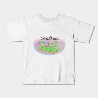 Caribbean watercolor Island travel, beach, sea and palm trees. Holidays and vacation, summer and relaxation Kids T-Shirt